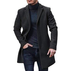 Men's Black Trench Coat Winter Single Breasted Pea Coat Warm Soft Overcoat